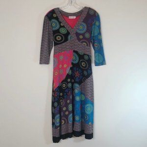 Para Vida Dress Pullover 3/4 Length Sleeves Tie Back Multicolor Bohemian SZ M